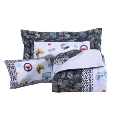 Imagem de Kit Edredom Solteiro Infantil Estampado Boy – 4 Peças (Edredom + Porta Travesseiro + Almofada Cheia) – Tecido 300 Fios Toque Macio e Estampa Digital (Jogos)