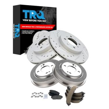 Imagem de TRQ Pastilha de freio dianteiro e traseiro e rotor, kit de sapata e tambor Desempenho semi-metálico revestido com G premium compatível com Honda Civic 1994-1995
