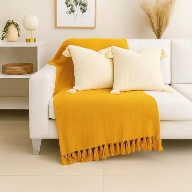 Imagem de Manta Capa para Sofá Gigante XGG 240x180 cm - 100% Algodão, Com Franjas, Proteção e Decoração Luxuosa para Sofá de Casal ou 3 Lugares (Amarelo)