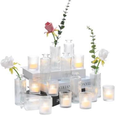 Imagem de Yerliker 12 vasos de vidro transparentes com nervuras e 12 castiçais de vidro transparente para luz de chá, adequados para mesas de mesa, festas, decoração de casa, centro de mesa de casamento