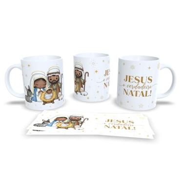 Imagem de Caneca Natalina com Presépio, Jesus O Verdadeiro Sentido do Natal, Cerâmica Branca, Decoração Religiosa com Arte Dourada, 325ml (23179)