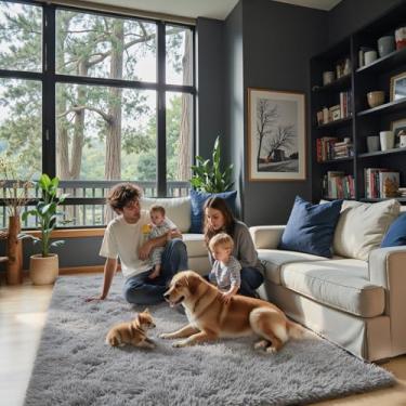 Imagem de Tapete ultramacio para sala de estar, tapetes felpudos cinza de 1,8 x 1,8 m para sala de estar, tapetes modernos e desgrenhados para adolescentes, dormitório, berçário, tapete antiderrapante (7 x 12