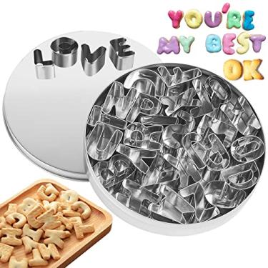 Imagem de Conjunto pequeno de cortadores de biscoito com caixa de lata, 26 formas de cortadores de biscoito de alfabeto (A-Z), mini cortadores de biscoito de metal inoxidável durável para crianças, cortadores
