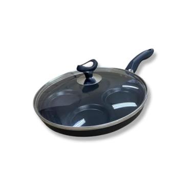 Imagem de Frigideira Antiaderente com 4 Divisórias, Multiuso, Alumínio, Preta, 28cm Diâmetro, com Tampa de Vidro