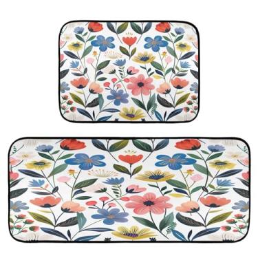 Imagem de Wassud Tapetes de cozinha de flores coloridas para decoração de casa, tapetes de cozinha acolchoados, antifadiga, tapetes de cozinha, antiderrapante, lavável, itens essenciais, conjunto de 2