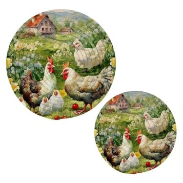 Imagem de Wassud Conjunto de trivet de galinhas na pastagem para pratos quentes, suportes redondos de panela, almofadas quentes de algodão, porta-copos elegantes, decoração de cozinha e acessórios, 2 peças