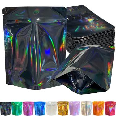 Imagem de YINGZON Pacote com 100 sacos Mylar premium à prova de cheiro, sacos de armazenamento resseláveis com impressão holográfica frente e verso, sacos de embalagem de alumínio de 12,7 x 10 cm. (preto/cinza