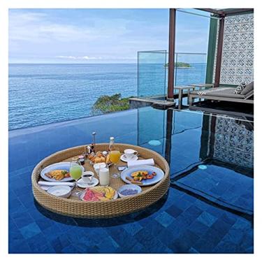 Imagem de Bandeja de servir flutuante mesa de piscina, bandeja de servir flutuante mesa e bar, bandeja flutuante de vime para bebida de piscina, bandeja de café da manhã flutuante à prova d'água amarela (cor