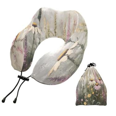 Imagem de CEBUGI Travesseiros de viagem portáteis em forma de U, travesseiro de pescoço de espuma viscoelástica com trava de corda ajustável para avião, viagem, trem, negócios, escritório, soneca (flores