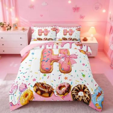 Imagem de Erosebridal Sweet Donut Conjunto de edredom para meninas, tamanho casal, personalizado, letra H, gravata borboleta rosa, para crianças, doce deserto, doce, monograma, enchimento de edredom com 2