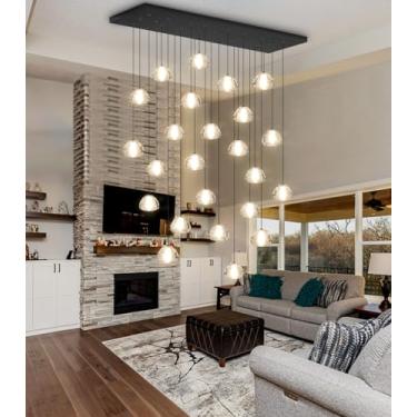 Imagem de Lustre de cristal moderno com 24 luzes LED em formato de gota, luminária pendente para teto, ideal para sala de estar, hotel, escada, corredor, hall de entrada e quarto, na cor preta.