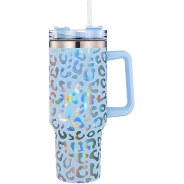 Imagem de Copo Térmico Grande 1200L de Aço Inoxidável com Alça, Parede Dupla, Tampa com Canudo, Isolamento Quente e Frio azul bebe