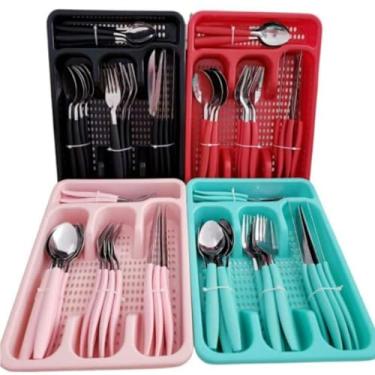 Imagem de Jogo De Talheres Inox Com Peças + Suporte Gaveteiro (24 Talher + Suporte PRETO)