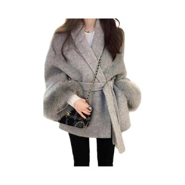 Imagem de Casaco Feminino de Pele de Lã Dupla Face com Punhos Removíveis de Pele
