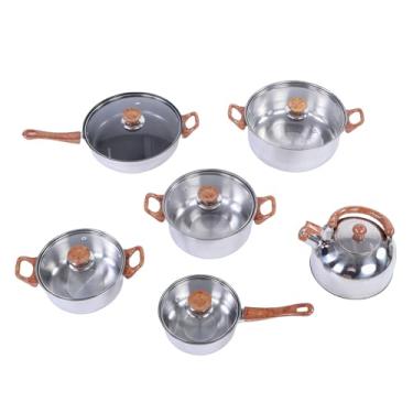 Imagem de aqxreight Conjunto de Panelas de Aço Inoxidável, Alças de Grão de Madeira, Chaleira, Frigideira, Molho, Fogão a Gás de Indução