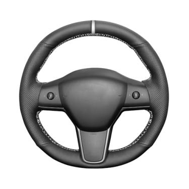 Imagem de Belinous Capa de volante de couro com cadarço, envoltório de volante costurado à mão de couro genuíno compatível com modelo Y 2017-2023 modelo 3/2020-2023 (branco)