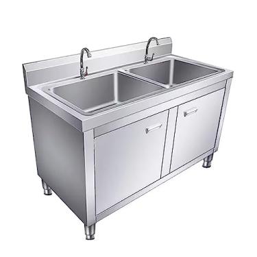 Imagem de Pia de cozinha independente de aço inoxidável, pia tudo-em-um, pia de lavanderia independente, armário de pia integrado, kit de drenagem e torneira (compartimento duplo de 100 cm)