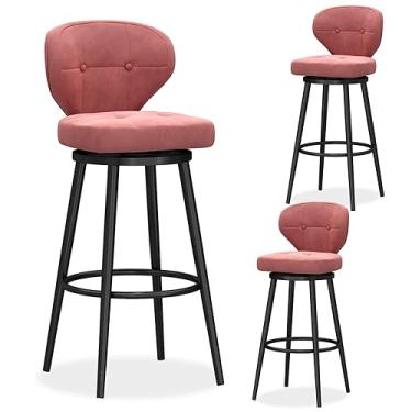 Imagem de Conjunto de 3 bancos de bar giratórios com altura de balcão, banquetas modernas de veludo com encosto médio, cadeira de bar estofada com base de metal, bancos de ilha de cozinha