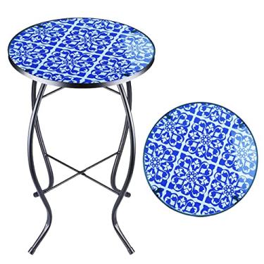 Imagem de Arbuxzuy Mesa lateral pequena de 30 cm com mosaico azul e branco, mesa de pátio de mosaico de vidro interna, mesa de centro redonda para sala de estar, varanda, jardim
