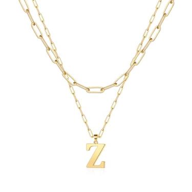 Imagem de Colares femininos com pingente de inicial em camadas delicadas banhadas a ouro 14K com clipe de papel, corrente ajustável, letra A-Z, hipoalergênico, não mancha, presentes de aniversário