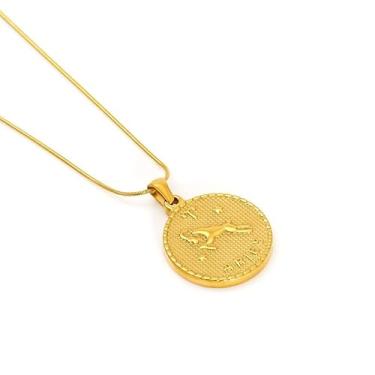 Imagem de Colar do Zodíaco para Mulheres, Pingente Redondo com 12 Signos Banhado a Ouro 18K, Corrente Cobra em Aço Inoxidável Antialérgico, Não Desbota (dourado,Áries)