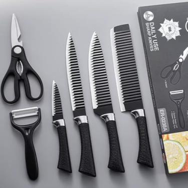 Imagem de Kit Facas de Cozinha 6 Peças em Aço Inoxidável com Lâmina Serrilhada + Tesoura Multiuso e Descascador | Facas Afiadas para Uso Doméstico