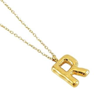 Imagem de Colar de Letra Bolha Personalizado para Mulheres, Colar Inicial Banhado a Ouro 18K com Corrente Cruzada em Aço Inoxidável, 45 cm, 26 Letras, Jóia de Moda e Presente Estiloso (dourado,R)