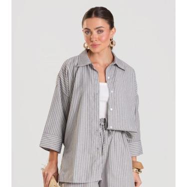 Imagem de Camisa Feminina manga 7/8 Listrada Dianna Cinza, M, Preto