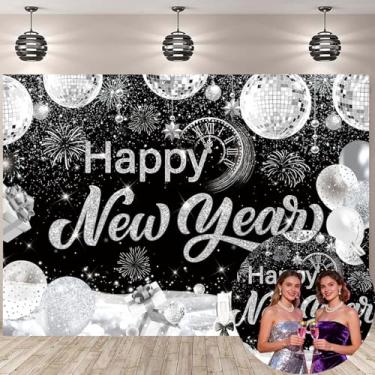 Imagem de Pano de fundo feliz ano novo 2026 2026 preto e prata véspera de ano novo fogos de artifício balão champanhe ano novo decorações de festa suprimentos para fotos