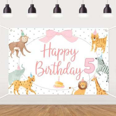 Imagem de Fundo de festa de aniversário de animais, decoração de aniversário de 5 anos, tema de zoológico de safári rosa, faixa de fundo com laço de animal fofo para meninas, suprimentos de festa de aniversário