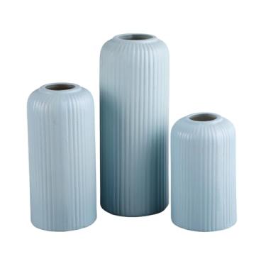 Imagem de Handicrafts Home Conjunto de 3 vasos de cerâmica – vasos de flores decorativos com padrão listrado turquesa para decoração de casa moderna e peça central – Acabamento fosco para estética Boho, nórdica