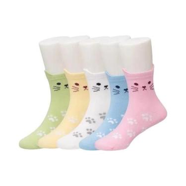 Imagem de Meias Com Estampa De Gato Para Meninas, 5 Pares, Algodão Macio E Confo