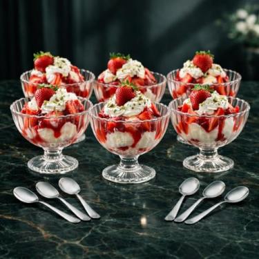 Imagem de Jogo de Taças para Sobremesa em Vidro 200ml com 6 Colheres de Aço Inox Kit Elegante para Servir Doces Sobremesas Sorvetes