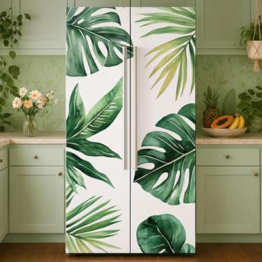 Imagem de GOMAKERER 2 peças de envoltórios removíveis de geladeira com estampa de folhas tropicais, autoadesivo, para porta de geladeira, painel de freezers, adesivo para decoração de bar, 40 x 192 cm