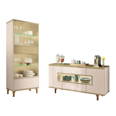 Imagem de Kit Buffet Murano e Cristaleira Lumina Pés Madeira Maciça