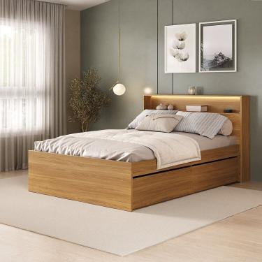 Imagem de Cama Queen Mdf 4 Gavetas e Cabeceira Nicho com Led Aurora Carvalho Hanover