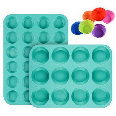 Imagem de Conjunto de forma de muffin de silicone para cupcakes – Mini 24 xícaras e 12 xícaras regulares de forma de muffin, moldes de silicone de grau alimentício antiaderentes sem BPA com 12 copos de silicone