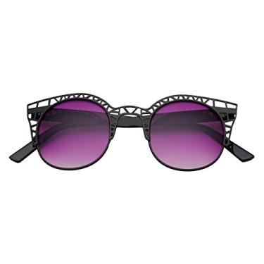 Imagem de Óculos de sol femininos grinderPUNCH com armação vazada de metal e corte redondo, Black - Purple Mirror, Large