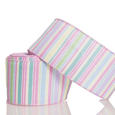 Imagem de ATRBB Fita de listras horizontais com fio, fita pastel arco-íris para decoração de grinalda de Páscoa e primavera, 9 m x 6 cm