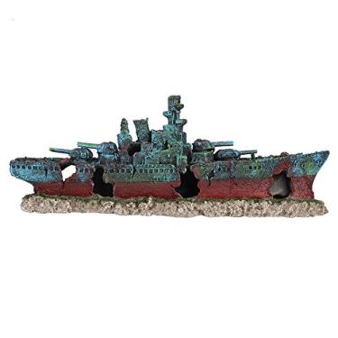 Imagem de Okuyonic Navio afundado de tanque de peixes, navio de guerra de navio de guerra de guerra de resina requintada para ornamento de aquário para decoração de cavernas para escritório