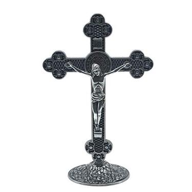 Imagem de Crucifixo de Mesa Metal Medalha de São Bento Prata Velha 13 cm