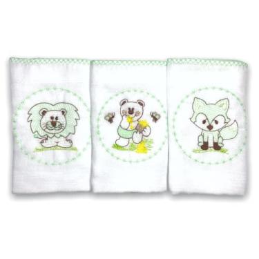 Imagem de Kit 3 Fraldas De Pano para Bebê Bordada Bichinhos Verde (Raposa, Leão e Ursinho)