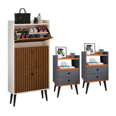 Imagem de Kit Sapateira Vertical 3 Gavetas Basculantes Dark Off White/Ripado e 2 Mesinhas Canto Quarto Nicho Decorativo Dream Cinza/Cinamomo RPM