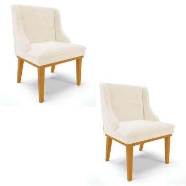 Imagem de Kit 2 Cadeiras Estofadas Para Sala De Jantar Base Fixa De Madeira Castanho Lia Veludo Bege
