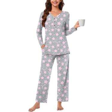 Imagem de Anyally Conjunto de pijama feminino, plus size, 2 peças, roupa de dormir, outono, manga comprida, calça comprida com bolsos, conjunto de pijama feminino, A03 Estrela cinza, G