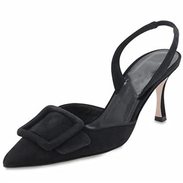 Imagem de Divanne Slingback Pumps, sandálias femininas de salto gatinho com fivela de bico fino, salto alto, sandálias para festas noturnas e casamentos, Preto-01-camurça, 38