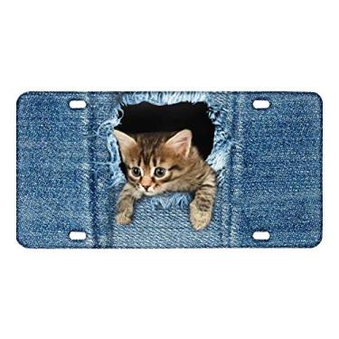Imagem de GOSTONG Placa de carro decorativa com estampa de gato de brim, placa de licença frontal para carro, placa de carro de metal, placa de licença de alumínio para homens e mulheres, meninos e meninas
