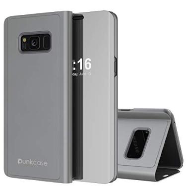 Imagem de Punkcase Capa refletora S8 Plus Capa protetora flip com proteção resistente a arranhões semi-translúcida frontal e antiderrapante couro PU Suporte integrado traseiro compatível com Samsung Galaxy S8+ Plus (Prata)