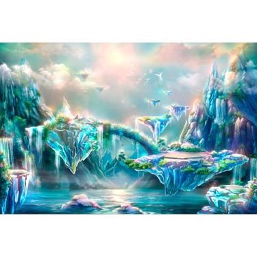 Imagem de Cenário de Ilhas Mágicas Fantástico Conto de Fadas Montanha Amanhecer Fundo Fotográfico Cachoeiras Pássaros e Ilhas Voadoras Cenários Mistérios Fantasia Ilhas Decorações de Fundo 2,1 x 1,5 m