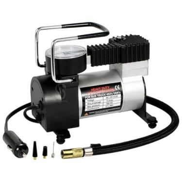 Imagem de Compressor Veicular De Ar Mini Elétrico Portátil Prata 12V Com Manômetro Encher Pneu Bicicleta, Carro, Caminhão, Onibus, Vans Alta Pressão Com 3 Bicos Para Inflar